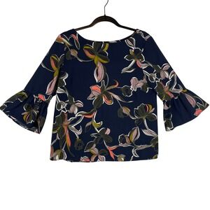 Halogen Navy Blue Floral Bell Sleeve Blouse Top HA360811MI Womens Medium